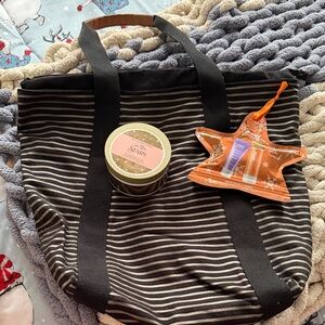 Bath & Body Works Black and White Striped Tote with Extras